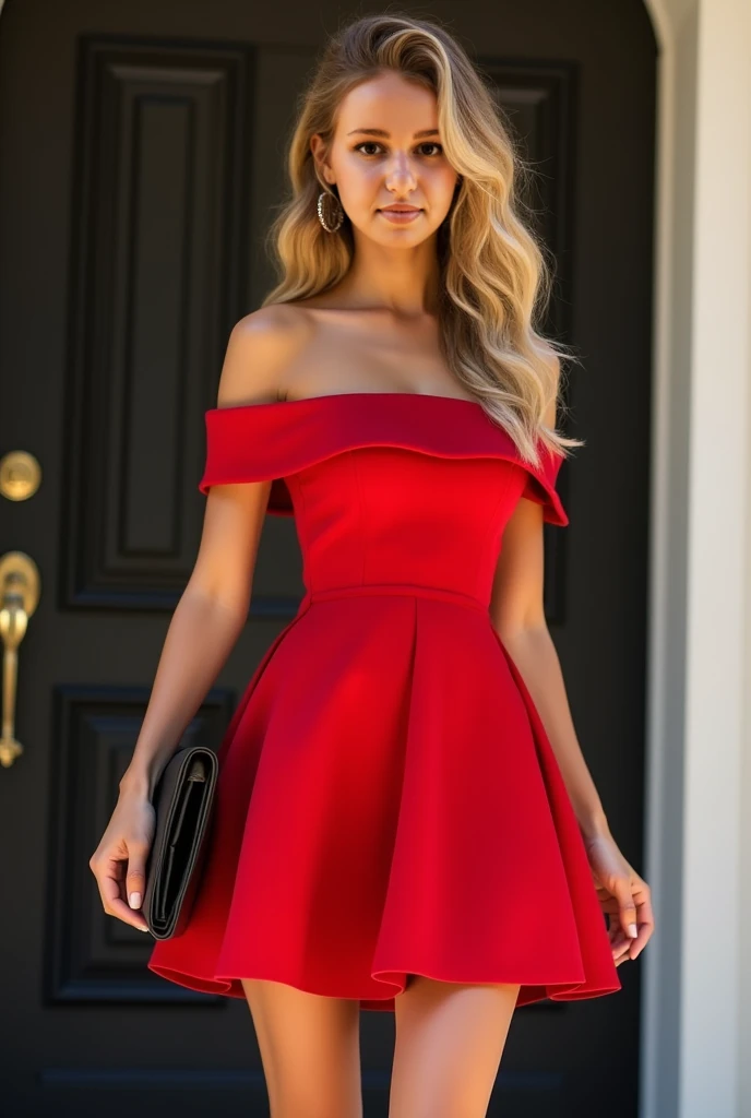 Blonde with long hair in red dress