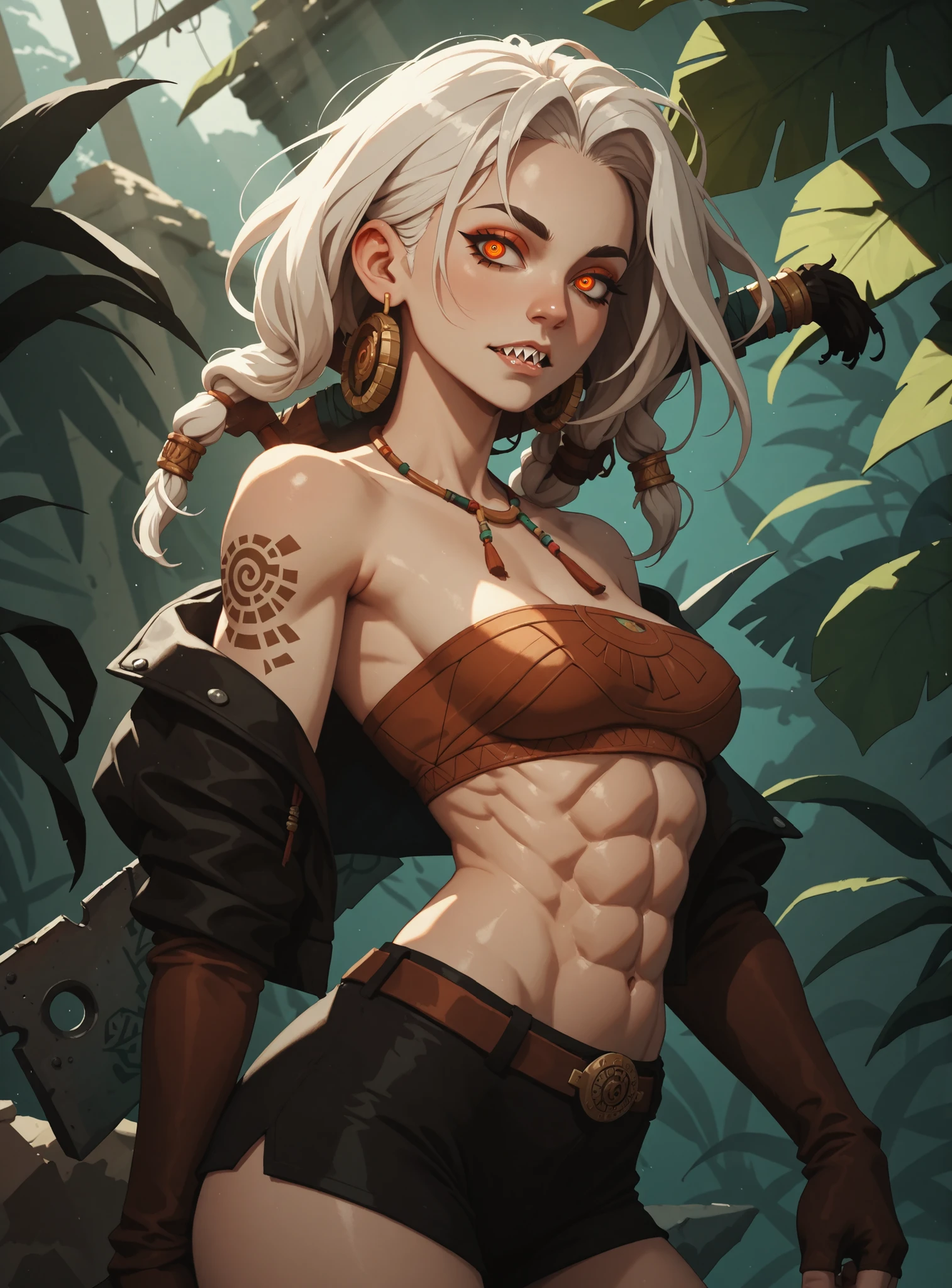 Meisterwerk, hd , great quality, very aesthetic, absurd, high contrast , high color palette , light glare ,neueste,2.5D,volumetric lighting, Sweet, jung, 1 girl, asiatisch, Mongol girl, round face, slanted eyes, big eyes, asian girl, rote Augen, Asian eyes, normal breasts, soft abs, rote Augen, Albino, white strands, ATHLETIC BODY, aztekisch, leather clothing, attentive, curious, massive butcher's blade on her back, looks at the viewer, Dreadlocks, sharp teeth, Hintergrund: jungle and Aztec ruins, looks at the viewer, looks like a young Jennifer Lawrence
