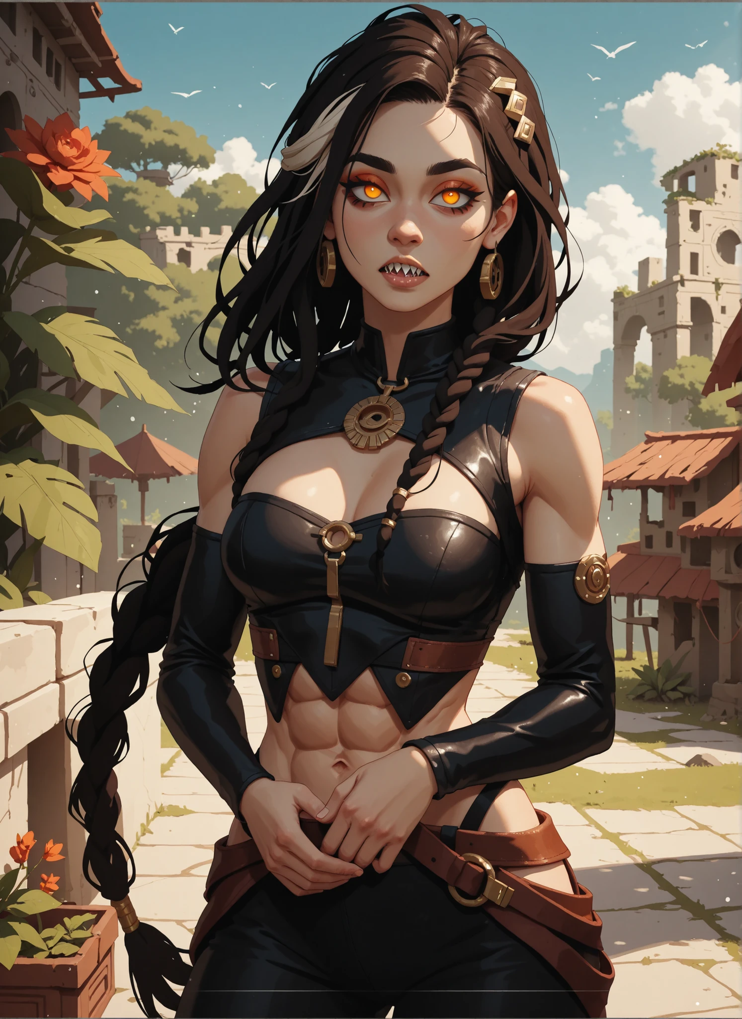Meisterwerk, hd , great quality, very aesthetic, absurd, high contrast , high color palette , light glare ,neueste,2.5D,volumetric lighting, Sweet, jung, 1 girl, asiatisch, Mongol girl, round face, slanted eyes, big eyes, asian girl, rote Augen, Asian eyes, normal breasts, soft abs, rote Augen, Albino, white strands, ATHLETIC BODY, aztekisch, leather clothing, attentive, curious, looks at the viewer, Dreadlocks, sharp teeth, Hintergrund: jungle and Aztec ruins, looks at the viewer, looks like a young Jennifer Lawrence