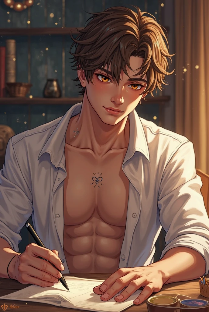 (masterpiece), (best quality), (ultra detailed),(disheveled hair),(illustration), (1guy, amle), sixpacks, abs, broad , writing a letter to his lover, (interview), detailed eyes, handsome beautiful face,(high saturation),),colorful bubble,(shining), focus on face, brown hair, best lighting, best shadow, 