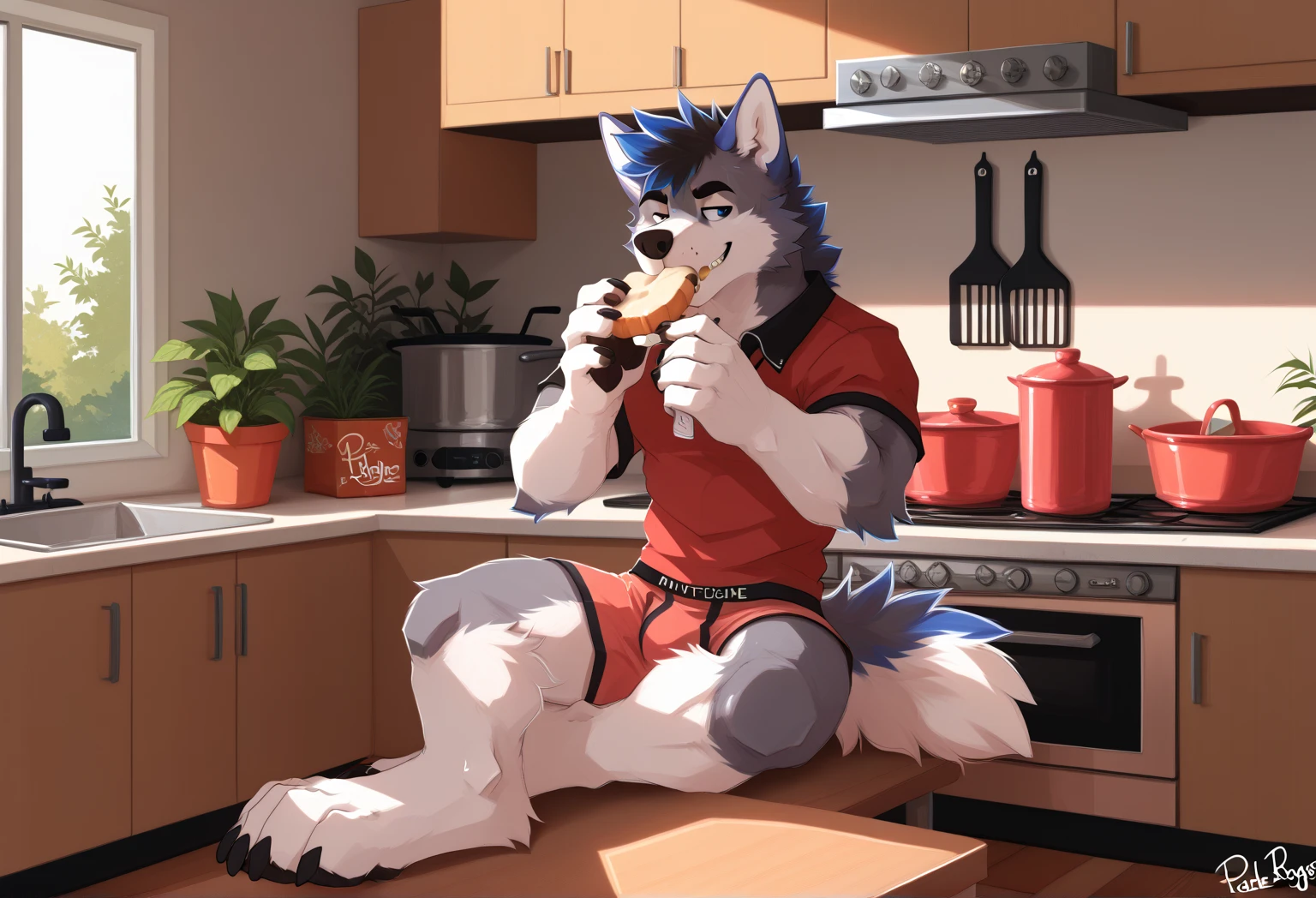 by zixiong, by milkytiger1145,
best quality, masterpiece,
inside, kitchen, window, sunlight, plants, 
solo, solo focus, male, male focus,
anthro, wolf, canid, 
(white fur, white body, white eyebrows:1.5),
humanoid hands, (briefs only), food, eating, 
blue eyes,