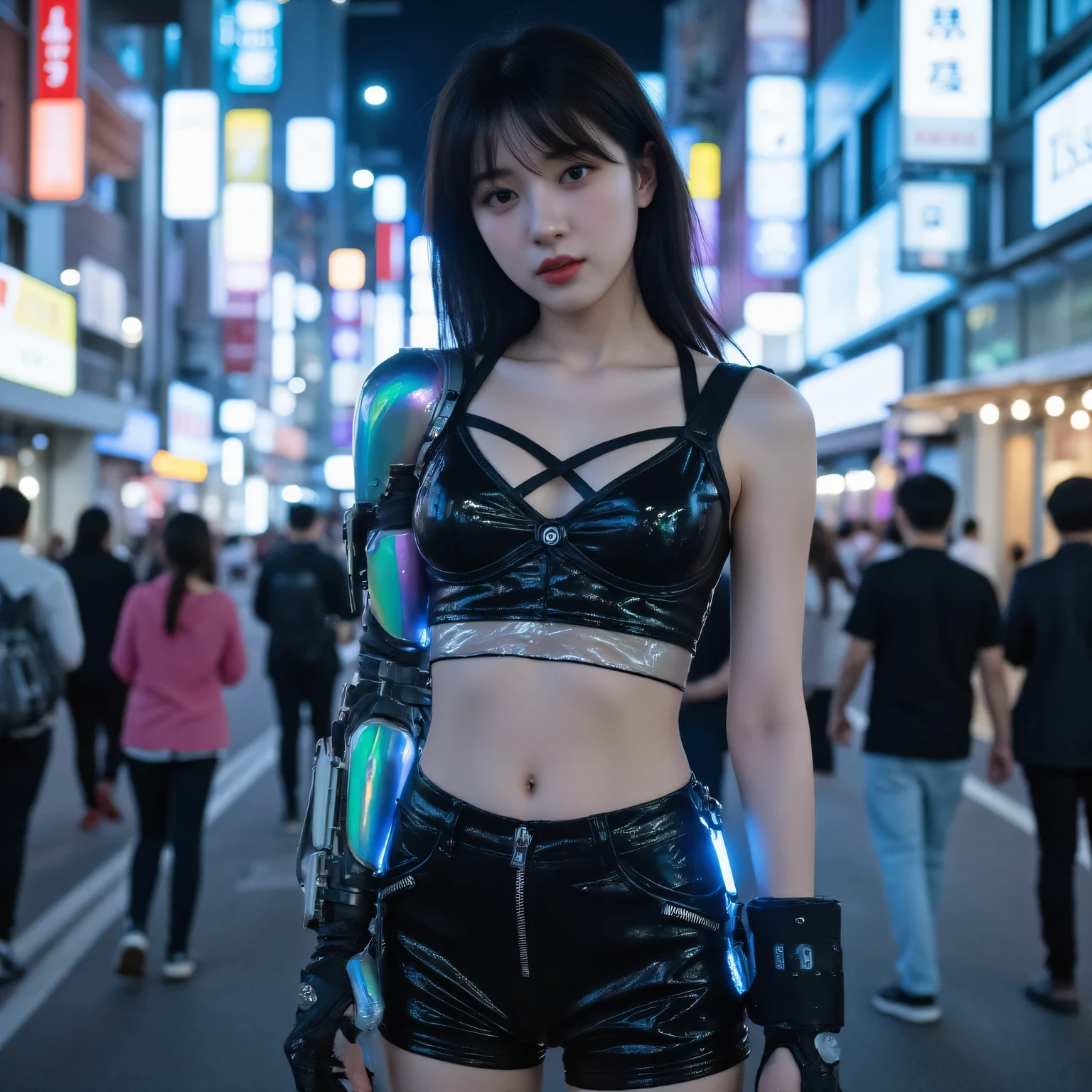 highest quality、8k Masterpiece、超A high resolution、(Photorealistic:1.3)、RAW Photos、1 girl、Black Hair、Glowing Skin、1 cyber punkの超美麗兵士、((Ultra-Realistic Details))、Portrait、Global Illumination、Shadow、Octane Rendering、8k、Super sharp、Beautiful breasts、Metal、Cold colors、、Very intricate details、Realistic Light、CGSoation Trend、Beautiful Eyes、Shining Eyes、To the camera、Neon Details、17age、Very Short Hair、Obscene、wide shot、full body、Silver charm on the ankle、smile、Young body shape、Futuristic girly stage costume、Cosplay、Moe、very cute、cute、pure、virgin、love、Idol、Pink Room、cyber punk