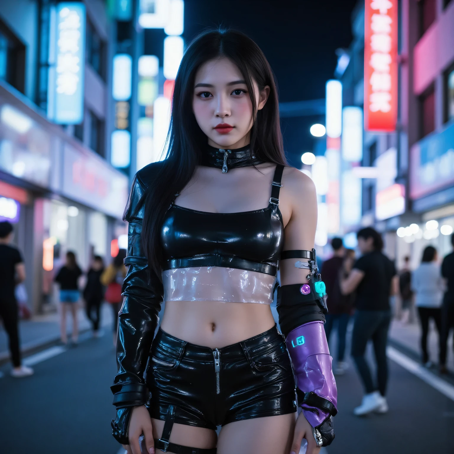 Create a photo real human style as the photo, Set in cyberpunk city at night. The main character is a young girl, stands in the middle of the bustling street with bright neon light from Japanese and Chinese signs, phản chiếu trên mặt đường wet sau cơn mưa, creates a sparkling effect. The girl with a strong appearance, tự tin, with sharp eyes and alluring divinity.
Her futuristic outfit, Detailed and high-tech. She wore a glossy black crop top that hugged her body, made from substance synthetic leather material combined with transparent hard plastic panels on the chest, nơi có đèn LED persimmon tím phát sáng nhấp nháy theo nhịp. The shoulders were fitted with thin metal straps, for a sturdy feel, while the hips reveal a slim waist, emphasizes the powerful yet feminine. Tight leather shorts, Hip-length, decorated by metal zippers and a small functional pocket attached to blue LEDs. Black boots, made of glossy material, features metallic details and cross straps, incorporates bright lights in the heel. On the hand , she wears iridescent robotic gloves with flexible mechanical joints, on one side of the arm enclosed by a black violet hi-tech cover, light up along the lines. Her hip belt integrated compact equipment, with bright lights and a display of the number.
her hair is long , wet, natural relaxation, sharp makeup with dark eyes and red lipstick. Ambient background blurred with blue light, persimmon, purple from high-rise buildings, The crowd is faded behind, highlights the main character. The image needs high detail, strong contrasting light, that felt as authentic as a professional photo shoot.