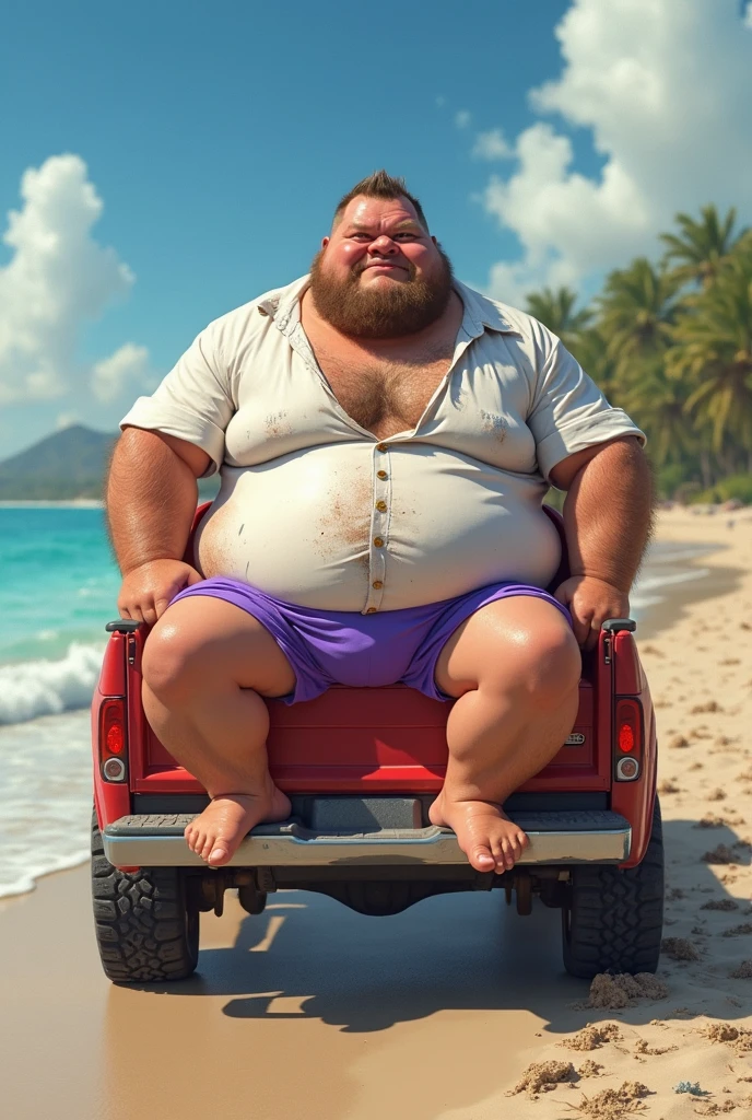 A blond male ex-bodybuilder swollen with muscles excessively bloated with anabolics and steroids, with undercut haircut,  but now obese, his huge muscles seem filled with gelatinous water painfully crawling on his stomach like a slobbering slug on the beach, in his white lycra singlet and white socks