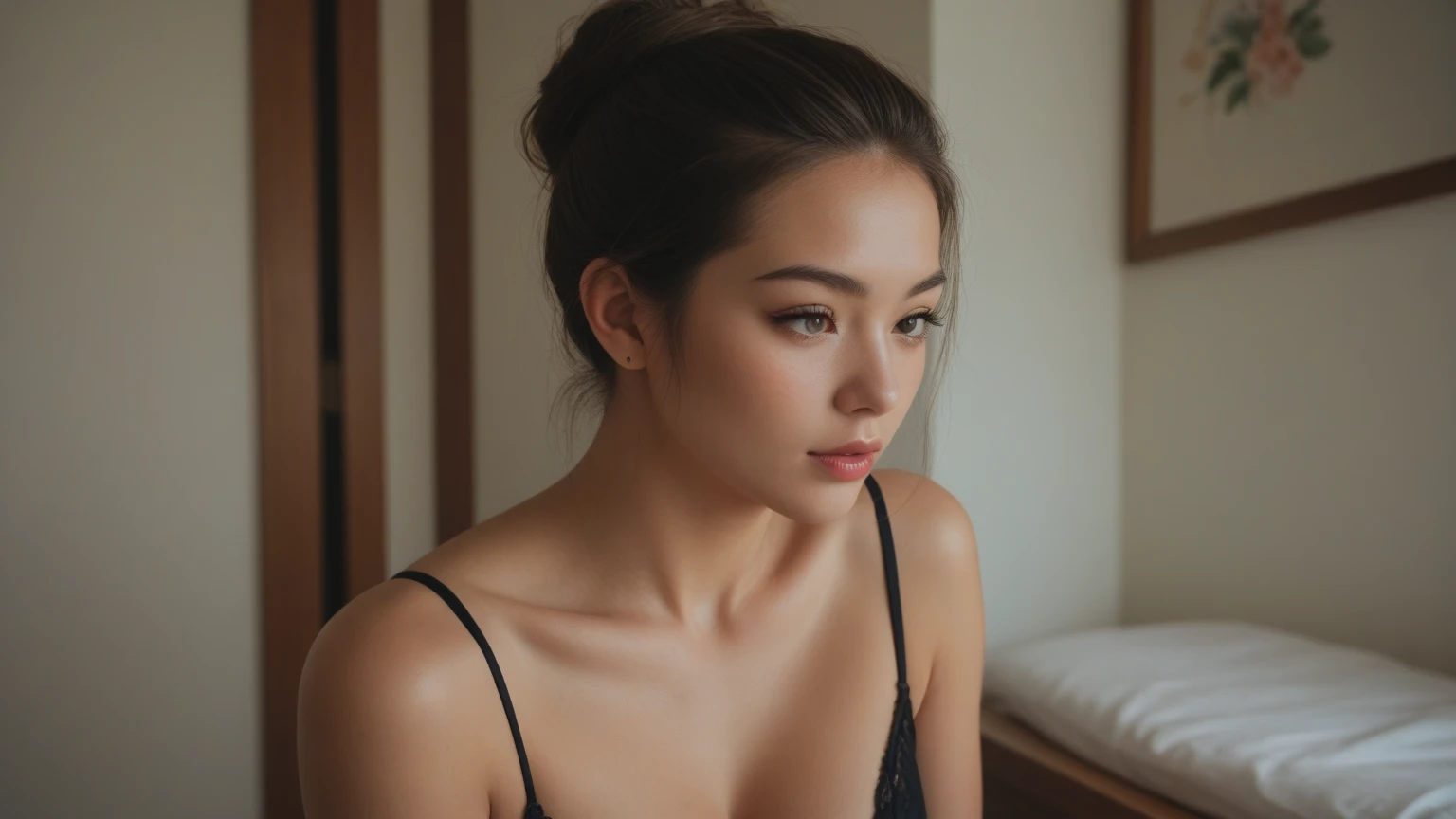 (best quality,4k,8k,highres,masterpiece:1.2),ultra-detailed,(realistic,photorealistic,photo-realistic:1.37),portrait,mature woman, seductive look, black hair, sensual lips, intense gaze,burning desire,pressed against the wall, focus on upper body, ample bosom, alluring cleavage,irresistible charm,provocative atmosphere, bedroom scene, luxurious bed