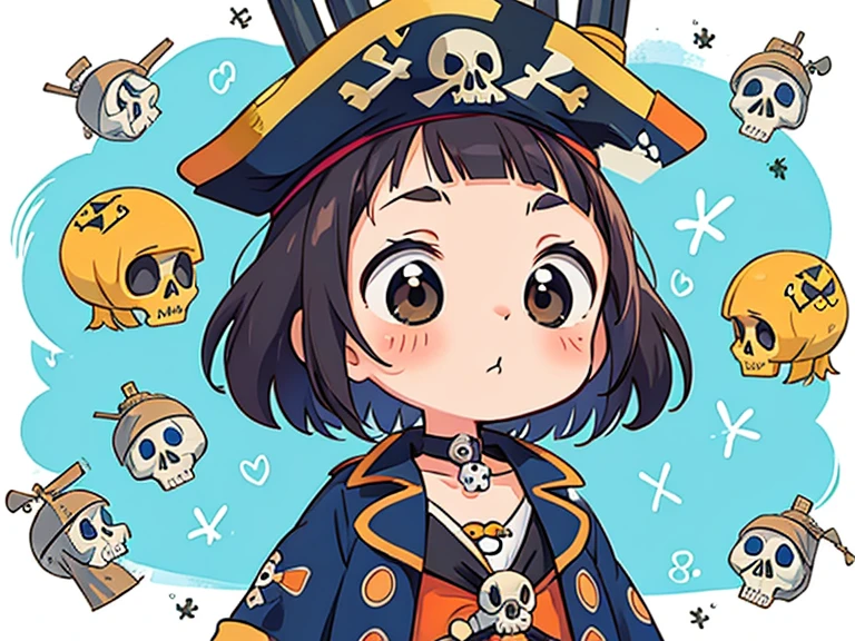 Highest quality、high resolution、distinct、detailed、character、woman、cute、Straw hat、Japanese、anime、2 heads、Black Hair、smile、pirate、White background, ((full body))、middle ages, (pirate)、short hair