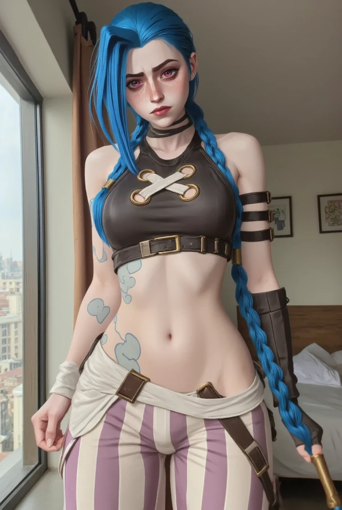 ((Jinx)) The image is of an anime girl with blue hair, wearing a green and black jacket and a black and white shirt, holding a gun and standing in front of a colorful background with a sign that says \"XYZ\". The image is of an anime girl with blue hair, wearing a green and black jacket and a black and white shirt, holding a gun and standing in front of a colorful background with a sign that says \"XYZ\".