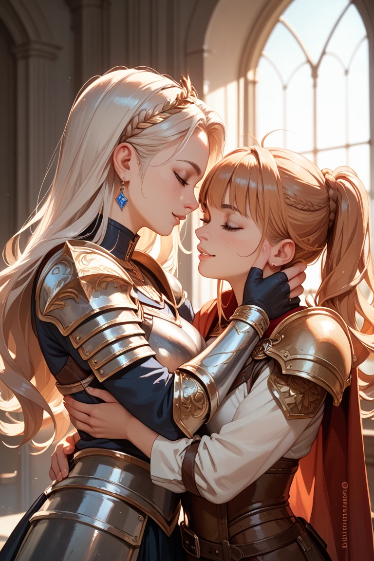 (best quality, highres, highly detailed, masterpiece:1.3), 2girls, kissing, adult woman, (long straight blonde hair), grey eyes, character focus portrait, solo, magic in hand, looking at viewer, detailed background, detailed face, , IvoryGoldAI, warm smile, knight, wearing natural colored teal clothes, leather, healing magic, runes, nature magic, floating particles, roots, rocks, bushes, bloom, forest canopy in background, castle, natural atmosphere, earth tones, <lora:add_detail:0.7> <lora:IvoryGoldAIv2:0.6>