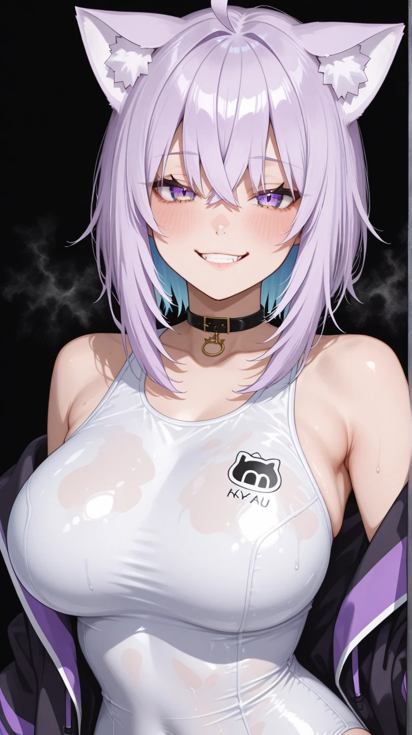 nekomata okayu, 1 Girl,(1 Boy:1.2), Boys are naked,The boy is wearing a black mask,2d,nekomata okayu is wearing a hoodie with the zipper all open in the front,Nekomata Okayu's lower body is nude,Large Breasts,Huge breasts,Saggy breasts,Erect nipples,Tied waist,Sweating profusely,Shortness of breath,blush,Dark Room,god pussy,Wet pussy,after orgasm,A large amount of thick white semen flows out of her open pussy,after cum,Bending while standing,open door,A boy is standing behind nekomata okayu,rear penis,Standing doggy style,(standing doggystyle:1.2),Tears dripping from the tongue,nekomata okayu has light purple hair,Short Hair,pussy fuck,Boy and nekomata okayu having sex,ahegao,Ahegao,Sticking out tongue,Thick tongue,wide tongue,Boy grabs nekomata okayu's big ass with his hands,from the front,nekomata okayu is watching the viewers,Selfie,grin,Underarm,Stuffy body,Belly button