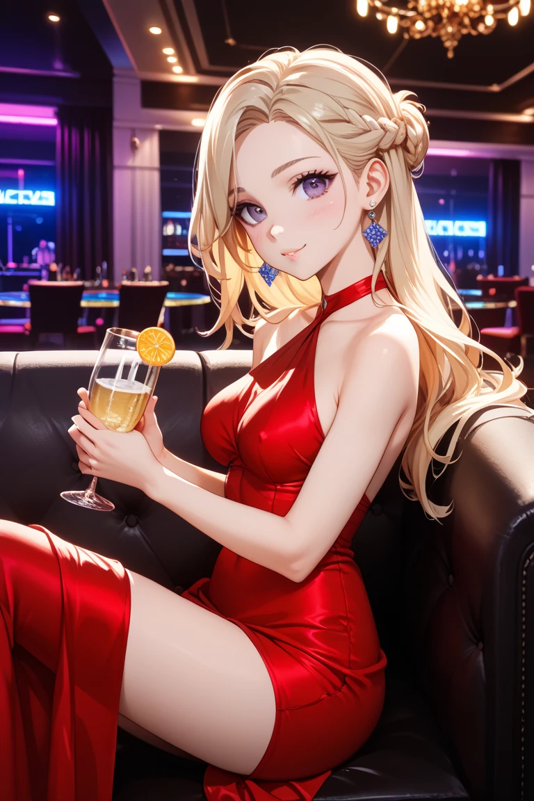 ((best quality)), ((masterpiece)), (detailed), ????? Anarchy, blonde hair, blue eyes, smile, ???? shoulder, ???? arms, little red dress, short red dress, golden bracelets, ???? poses, bar background.