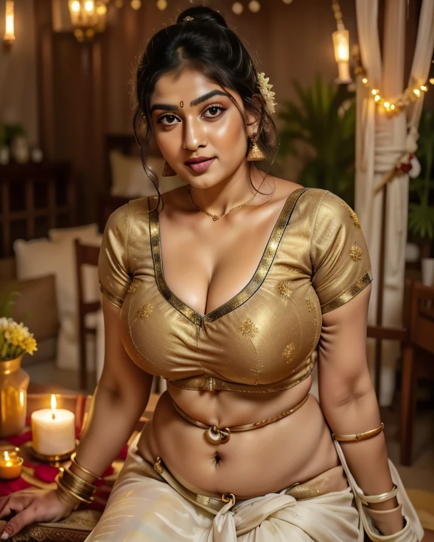 Photographic recreation shoot Inspired from art by mohanan manimala, best quality, modelshoot, profile photoshoot, mastershot, model photography, retouched, movie stills shoot, modelshoot Inspired by art of mohanan manimala, revealing , her exposed charming figure, appealing physique, pale skin, Beautiful lady, extremely gorgeous woman, mallu traditional wear, party wear, summer party wear, designer saree, sexy woman, wedding party wear, hot sleeveless blouse, sexy designer dress, designer blouse, braless, hot wear, spotless skin, designer sari, fashion saree, 40 years old, wearing palla, Indian traditional bandeau crop top bra, huge breast, milk tank, mallu woman, mallu actress, mallu aunty, mallu sari model, mallu actress, lusty, perfect thick body, fleshy figure, highly detailed, intricate, flawless, drooping figure, seductive expression, beautiful face, juicy figure, perfect face, perfect eyes, perfect fingers, round shaped face, curvy, skin texture, hot, small hairs on armpits visible, unshaved underarm, armpit crease, captivating, lusty, charming, attractive figure, mature woman, Kerala model, Kerala actress, queen of Lust,