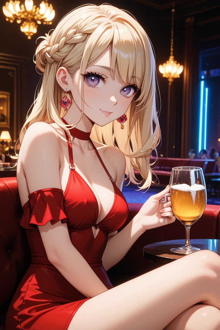[artist:ningen_mame],[artist:sho_(sho_lwlw)],[artist:mignon],[artist:kedama milk],[artist:ask_(askzy)],artist:wanke,artist:wlop,artist:fujiyama,1girl,asuna,asuna \(sao-alo\), sword art online,yuuki asuna, brown eyes, brown hair, long hair, bangs, braid,sitting, holding cup, smile,closed mouth,large breasts,brown hair,parted hair,long hair,red dress,halter dress,plunging neckline,center opening,cleavage,navel,earrings,bracelet,people,multiple boys,restaurant,