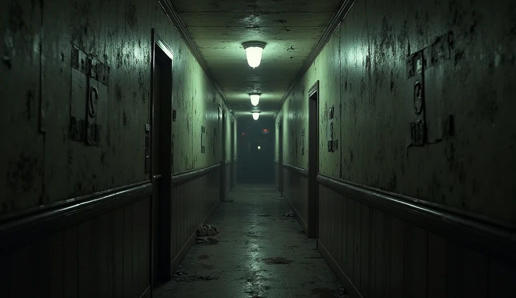 A dark, eerie hallway in a house, captured in a found footage style. The hallway is narrow with old, worn wooden floors and dim lighting, casting long shadows. On the walls, there are several unsettling portraits with faces that seem to follow you as you move. The color palette is predominantly greenish-beige, adding to the unsettling atmosphere. The entire scene has a slightly grainy, low-quality video effect, similar to the style of Trevor Henderson's creature art, emphasizing the eerie and disturbing mood.