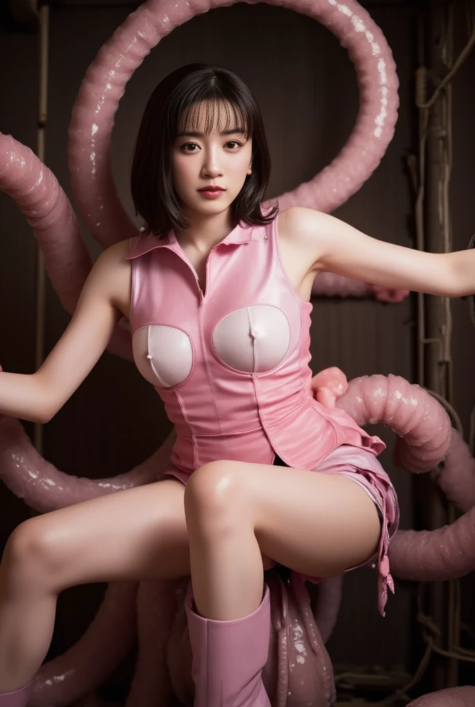 ((((Multiple thick tentacles wrap around her arms and legs, restraining her.))))、((Wet and sheer white dress、Countless tentacles crawling around behind me、Multiple tentacles entering between the dress))、((Cute girl with little face、Small and slightly plump、disheveled gorgeous bright blonde hair、round face、Small breasts、thick and beautiful legs、Leg spread、Falling on one's back))、(Grimacing, closing your eyes、A wide open mouth、Expressions of joy、Trance、Blushing)、Wet Skin、Waterside in the cave