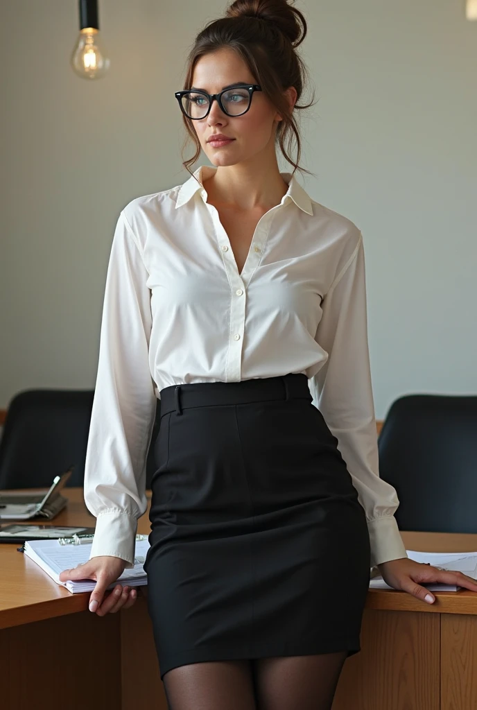 a woman, wearing elegant businesswoman clothes not too vulgar with gray background