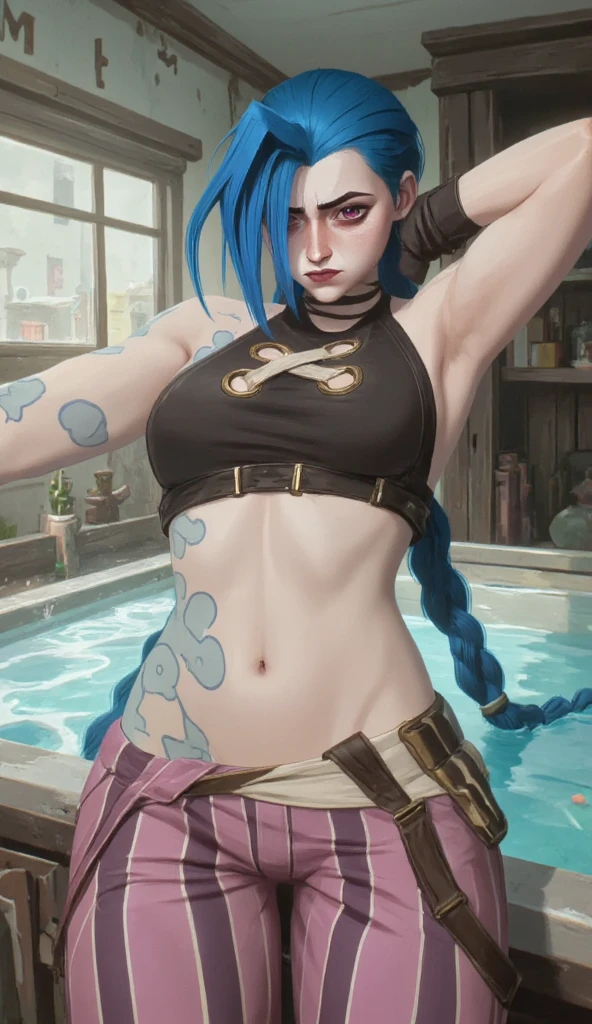 NSFW, erotic,(best quality, masterpiece, colorful, dynamic angle, highest detailed)(Jinx, Legue of Legends, Arcane) professional photo, award winning fashion photography of sexy, intense blue long hair, Jinx Legue of Legends, Arcane, flirting, bokeh, (intricate details, hyperdetailed:1.15), detailed, sunlight passing through hair , planturous woman, large hips,