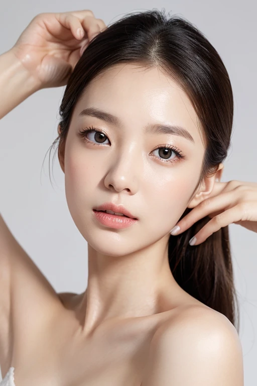 korean girl, very beautiful face, (photo realistic:1.4),(masterpiece, 4K, best quality, ultra detailed),studio shoot,pictorial,photography,realistic eyes, Ultra-Detailed Face, Detailed Lips, normal hand, glossy lips, glossy face, simple background