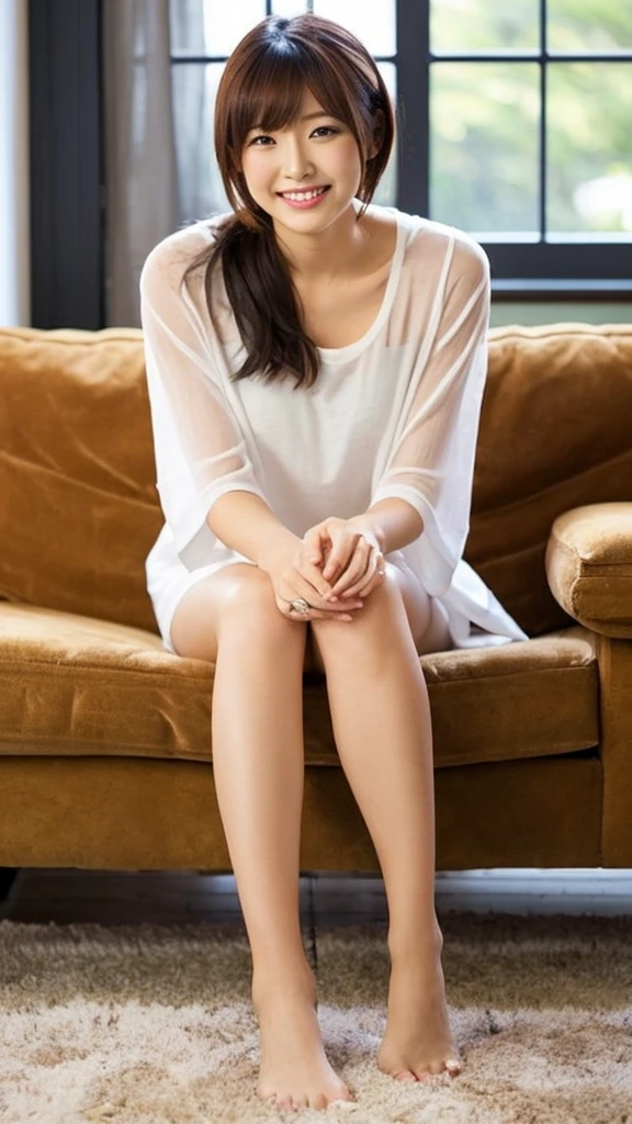 ((Best picture quality, 8K, tmasterpiece:1.3)), 1girll, Casual hairstyle, (shift dresses:1.3),(wet see through clothes:1.4),Ultra-fine face, A detailed eye, 二重まぶた,(long leges:1.4),(athletic sneakers:1.3)Erlang legs,Sit sideways on the sofa