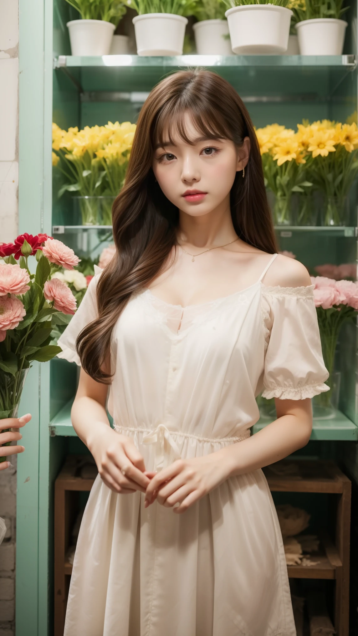 A age girl named Megumi standing in a well-lit room, wearing a cute, elegant outfit. She has long, straight, glossy black hair that reaches her shoulders, styled with a slight side-swept fringe. Her big, pure eyes shine with a gentle, innocent light, and her face has soft, youthful features with a naturally sweet smile. Megumi is dressed in a pale pink chiffon dress with delicate frills and a bow at the neckline, which reaches just above her knees and flows gracefully as she moves. She accessorizes with a simple pearl necklace and small pearl earrings, and wears white ballet flats with small bows on them. Her skin is fair and smooth, with a healthy, natural glow. The room is cozy and warm, with soft lighting that highlights her serene and graceful presence.
