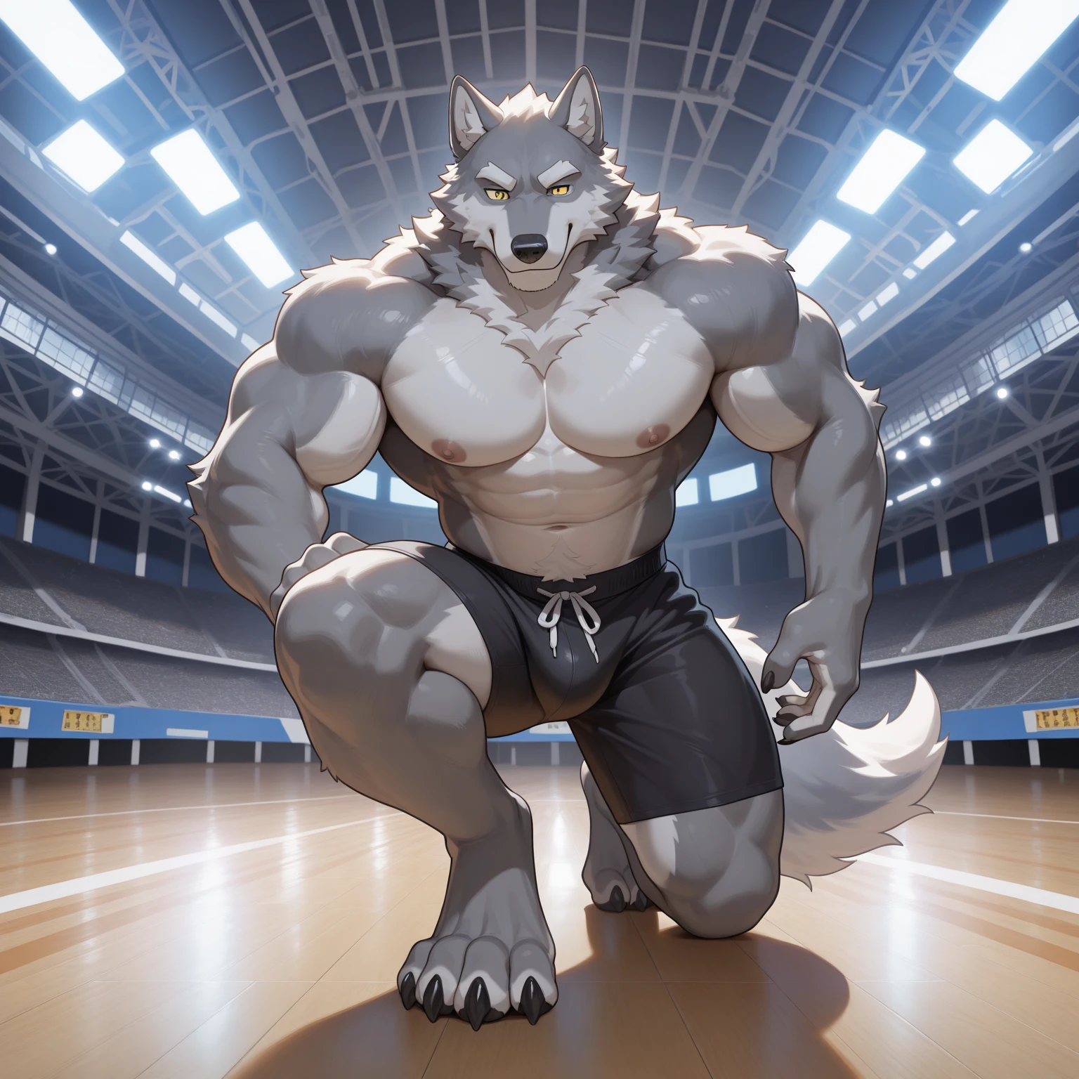 tmasterpiece,Best quality at best,Detailed background nj5 hairy,rays of sunshine, Alone,solofocus,male,Male focus,Humanity,wolf,(sport:1.5), (Gray fur,,Black eyebrows:1.5),Elaborate Eyes,detailed eyes,agate eyes,five fingers, Wear only shorts yaoi,Strong body,Majesty,Revealing eight-pack abs and two thick chest muscles,showing nipple,adult face