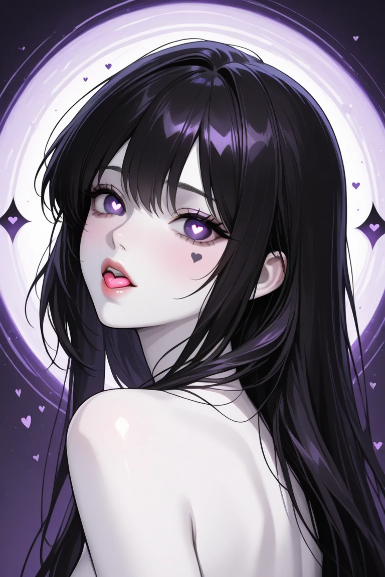young girl, Dark black skin, long purple hair, cat ears, golden eyes, Naked, cosmic tattoo, outer space, smirk, Masterpiece, hiquality