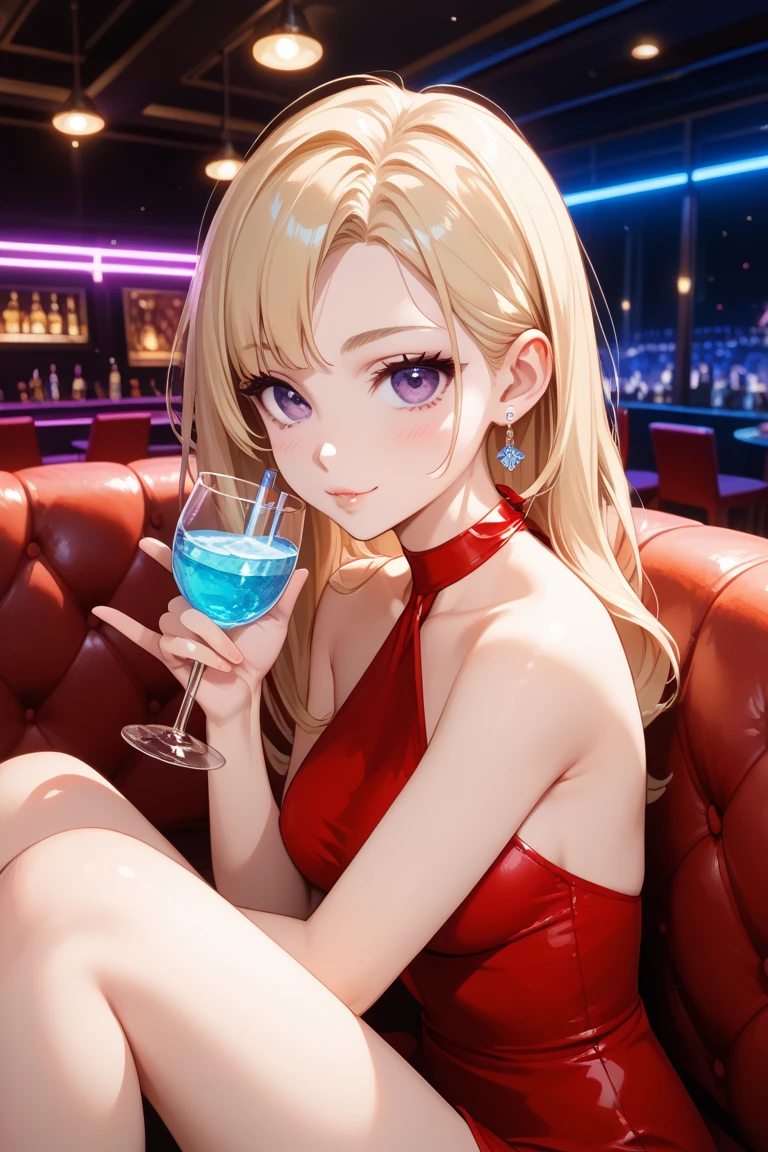 1girl, dark blue galaxy eyes, blonde hair, closed smile, black off-the-shoulders dress, wine glass in hand, red lipstick, starry background, looking at viewer