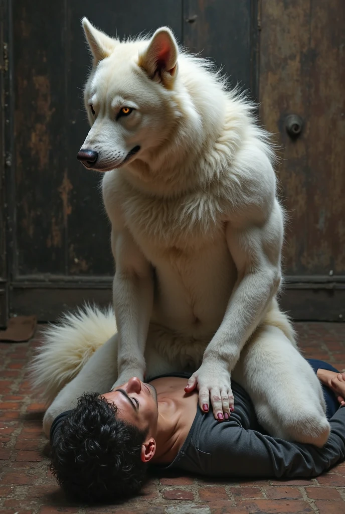 NSFW (nude) (Anna ((human)) medium breasts, strip of pubic hair) vaginal penetration, fucking male furry polar bear with red dog penis, full body, in a deserted snowy landscape