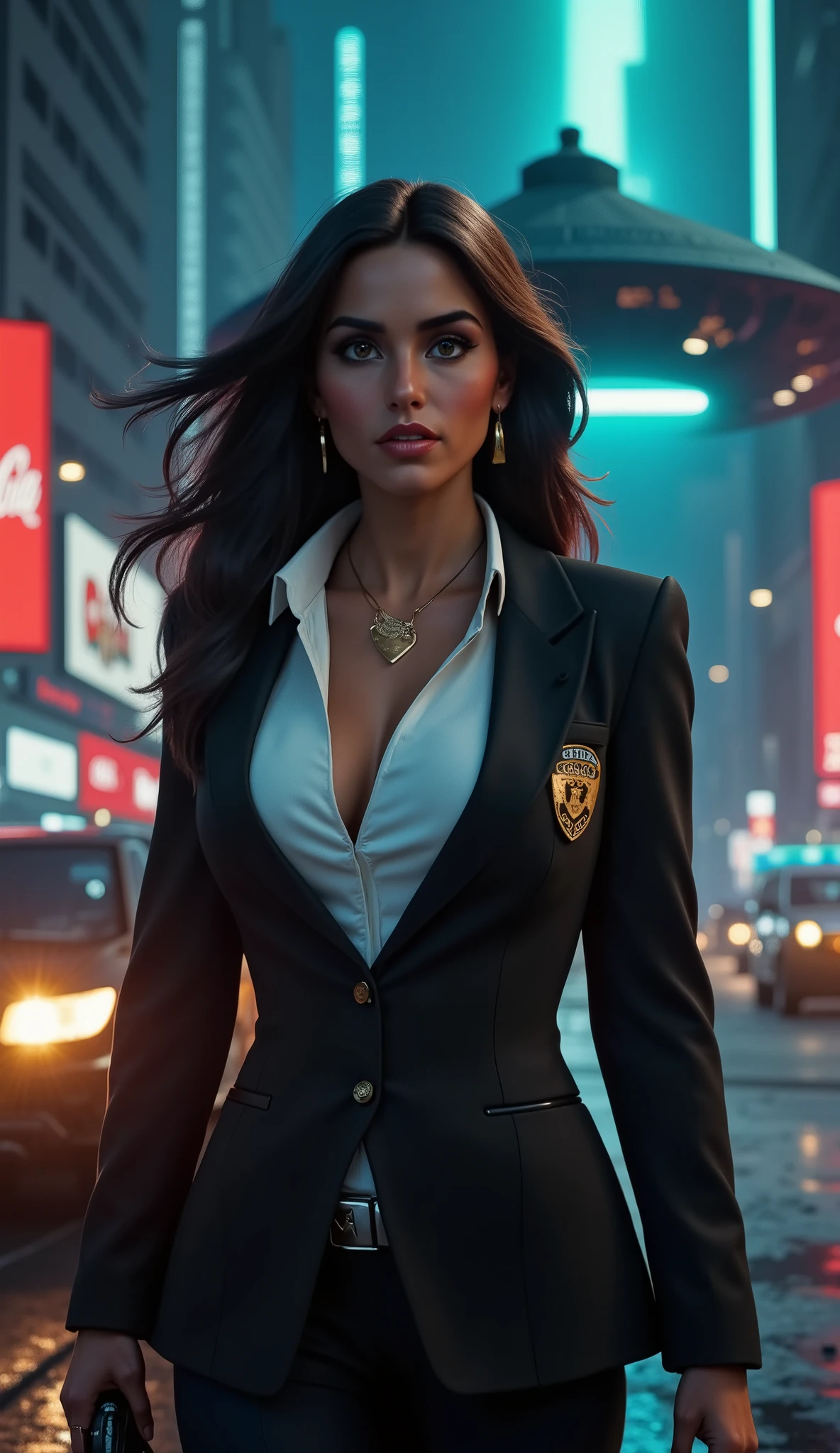 (low-angle perspective:1.6), (medium-shot:1.8), fearless FBI agent in black suit (voluptuous cleavage, white V-neck blouse), official FBI logo patch on the left chest, gripping an iPhone 15 Pro Max and tactical flashlight, the flashlight is on, (hyper-realistic facial details:1.6), (wind-blown hair:1.4), (confident smirk:1.5), intense eye contact with viewer, apocalyptic nighttime Times Square, TOTAL DESTRUCTION: shattered skyscrapers with glass shards raining down, overturned burning cars, cracked asphalt with glowing lava-like fissures, destroyed Coca-Cola billboard (neon letters sparking), Nintendo ad glitching with pixelated Mario, Apple logo split by turquoise beam, M&Ms sign melted, (INDEPENDENCE DAY MOTHERSHIP:1.8): colossal saucer-shaped alien warship (city-sized, black armored hull with glowing blue hexagonal patterns, massive energy cannon underneath), turquoise annihilation beam vaporizing buildings and illuminating the model from behind (dramatic backlighting, silhouette effect), falling debris, ash clouds, fiery explosions, hyper-detailed textures (8K), cinematic sci-fi realism, (((keep the exact face, hair and height details of the selected LoRA))), (((keep the typical hairstyle of the selected LoRA))), no stylization, (((smile))), keep the iconic hairstyle of princess jasmine
