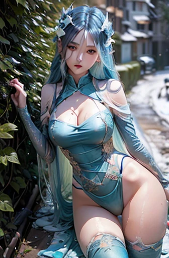 (Hyperrealistic), (illustration), (high resolution), (8K), (Extremely detailed), (Best Illustration), (Beautiful detailed eyes), (Best quality), (Ultra-detailed), (Masterpiece), (the wallpaper), (Photorealistic), (Natural light), (rim lit), (Detailed face), (Highly detailed realistic skin textures), (Anatomically correct), (Solo), (1 girl), (high detailed realistic hair), (Blue hair:1.2), spiked hair, (Heterochromic eyes), (detailed green eyes), (Small moles under the eyes), (Realistic big breasts:1.5), (Exposed breasts:1.3), (Long legs), (Slender abs), (Dynamic pose), (Closed mouth:1.3), (traditional Hanfu attire), (Sheer clothes:1.5), NSFW,