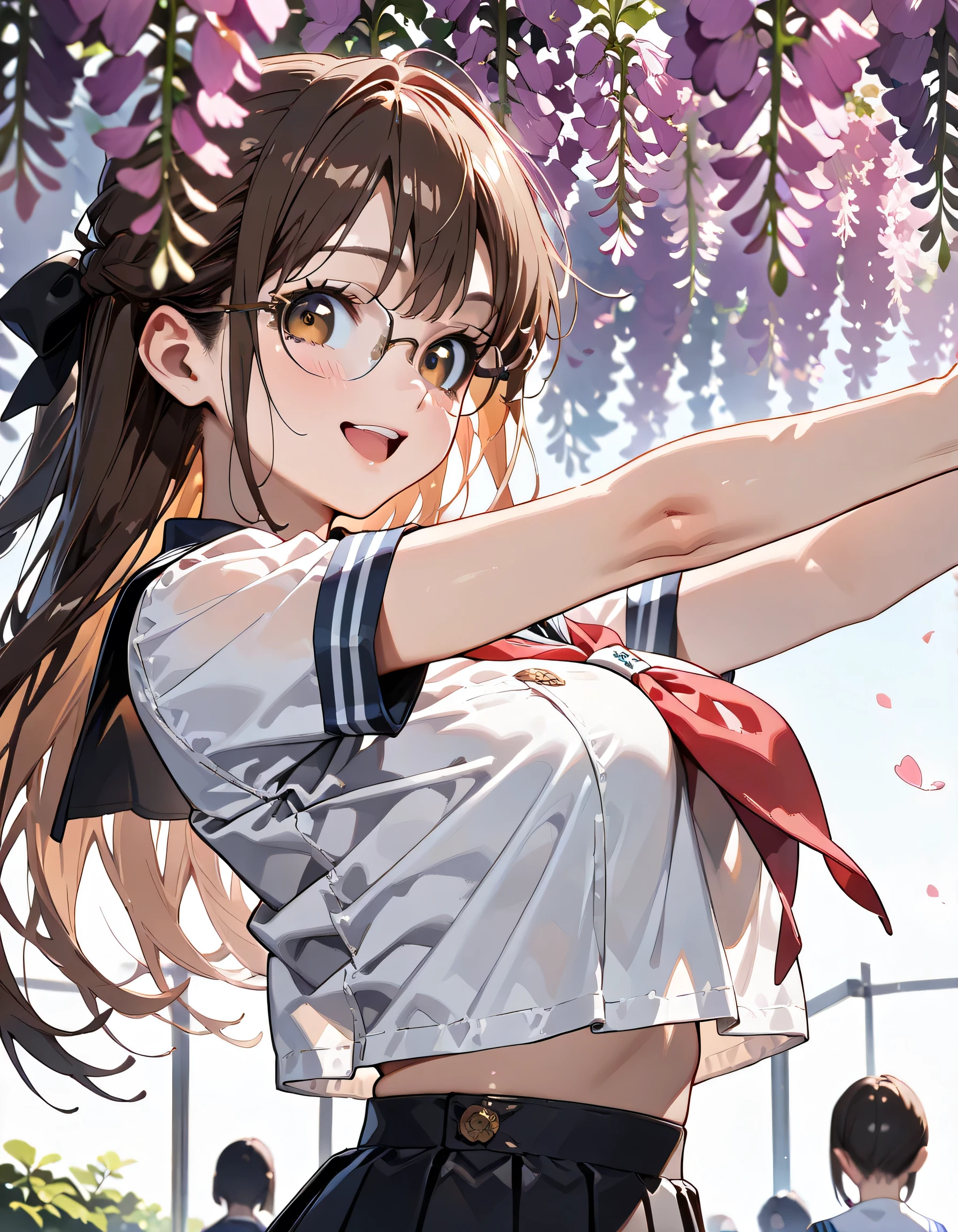 ((ultra-detailed)), (highly detailed CG illustration), (best quality:1.2), ultra-highly detailed, colorful composition, artistic photoshoot, 1girl, solo focus, ((upper body:1.3)), moe anime character, girl, dainty facial structure, (baby face), (round face), ((rounded chin:1.2)), blue eyes, ((wearing glasses:1.4)), ((round eyewear:1.4)), ((black hair color)), ((long hair)), ((half updo)), ((hair ribbon with red)), ((fluttering hair)), ample breasts, school uniform, sailor suit, traditional Japanese style with navy blue and white colors, navy blue pleated skirt, black tights, ((smile:1.3)),  ((happy:1.3)), ((joyful:1.3)), ((blush:1.3)), ((looking viewer)), ((Walking along the the wisteria flowers:1.3)), ((wisteria flowers petals dancing)), beautiful detailed sky, from front, ((dynamic pose)), ((contrapposto pose)), best quality, masterpiece, expecting, pink cheek, blush, light pink gloss slip, portrait, depth of field, soft lighting, sidelighting, (shine), lighting, caustics, ray tracing, perfect face, lustrous skin, highly detailed face, highly detailed eyes, perfect face, perfect nose, perfect hair, perfect eyes, perfect anatomy, beautiful hair, beautiful small face, extremely detailed face, beautiful detailed eyes, beautiful clavicle, beautiful body, beautiful huge breasts, leavage, breasts squeezed together, equalize the size of the left and right breasts, beautiful fingers, 4 fingers, 1 thumb, lovely, (very detailed background:1.0), (highly detailed background:1.0), spring aesthetic, intricate details, joyful atmosphere, spring colors palette, chromatic aberration