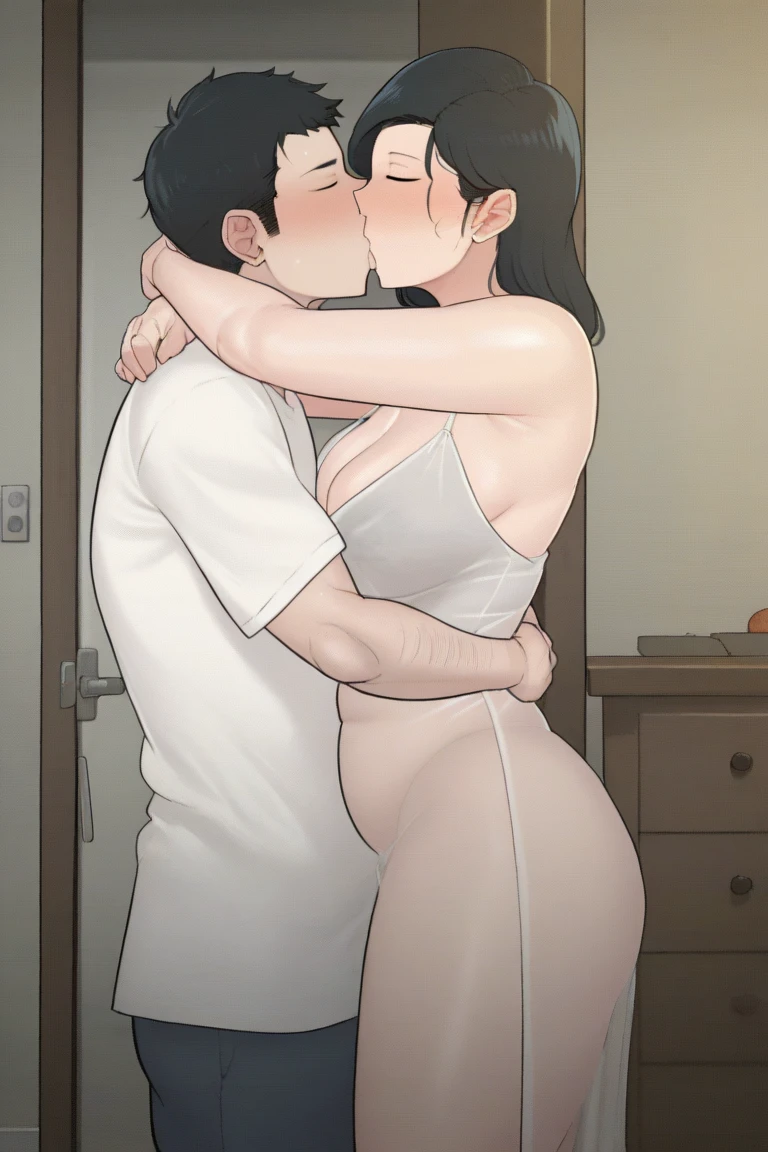 score_9, score_8_up, score_7_up, source_anime, flat color, anime screencap, ikuchan, BREAK, 1boy, dominant white male, male, shota, 1lgirl, milf, dark skinned female, interracial, side view, mating press, creampie, indoors, crotch focus, cute shota, cute boy, looking at viewer, faceless male, netorare, cuckolding, cuckold pov