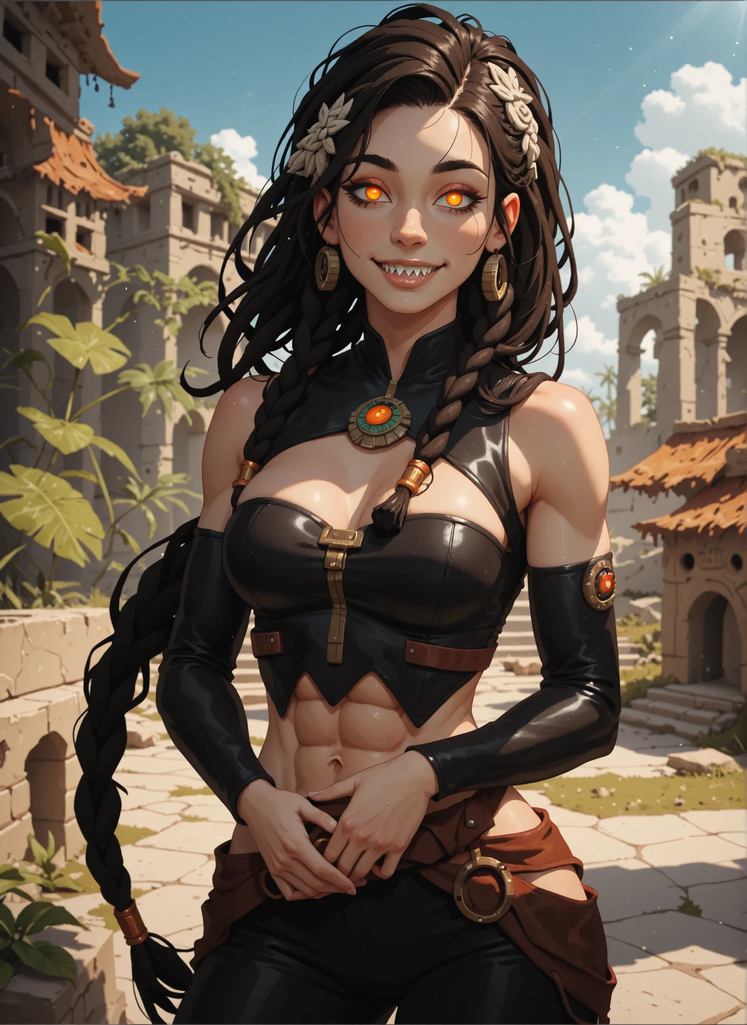 Meisterwerk, hd , great quality, very aesthetic, absurd, high contrast , high color palette , light glare ,neueste,2.5D,volumetric lighting, Sweet, jung, 1 girl, asiatisch, Mongol girl, round face, slanted eyes, big eyes, asian girl, rote Augen, Asian eyes, normal breasts, soft abs, rote Augen, Albino, white strands, ATHLETIC BODY, aztekisch, leather clothing, attentive, curious, looks at the viewer, Dreadlocks, sharp teeth, Hintergrund: jungle and Aztec ruins, looks at the viewer, looks like a young Jennifer Lawrence, friendly smile on her lips
