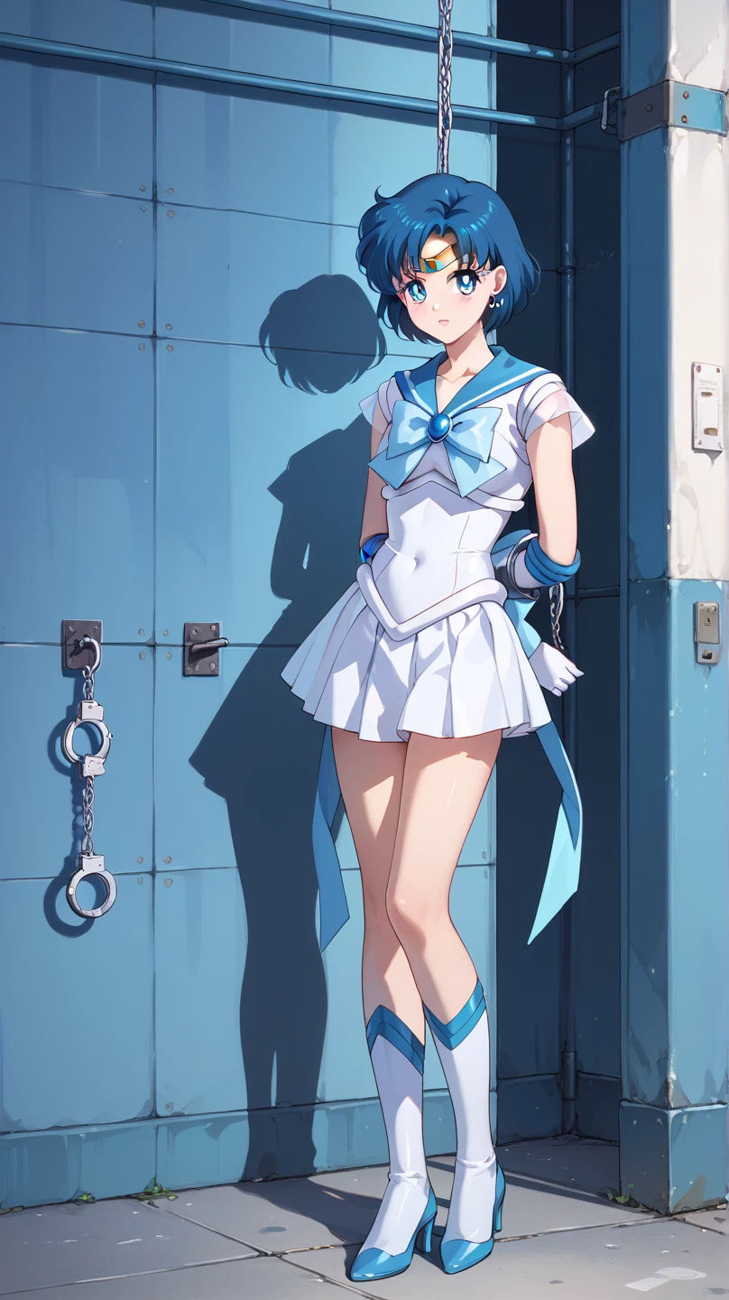 gloves, leggings, bikini, 1 girl, skirt, underwear, short hair, thigh highs, white panties, depth of field, elbow length gloves, blue eyes, blue hair, boobs, solo, blue, mizuno ami, jewelry, bra , button tummy, 2009, ((medium breasts)), skirt, skirt lift, clothes lifter, swimsuit, bikini, white bikini, blush, look at viewer, cute smile
