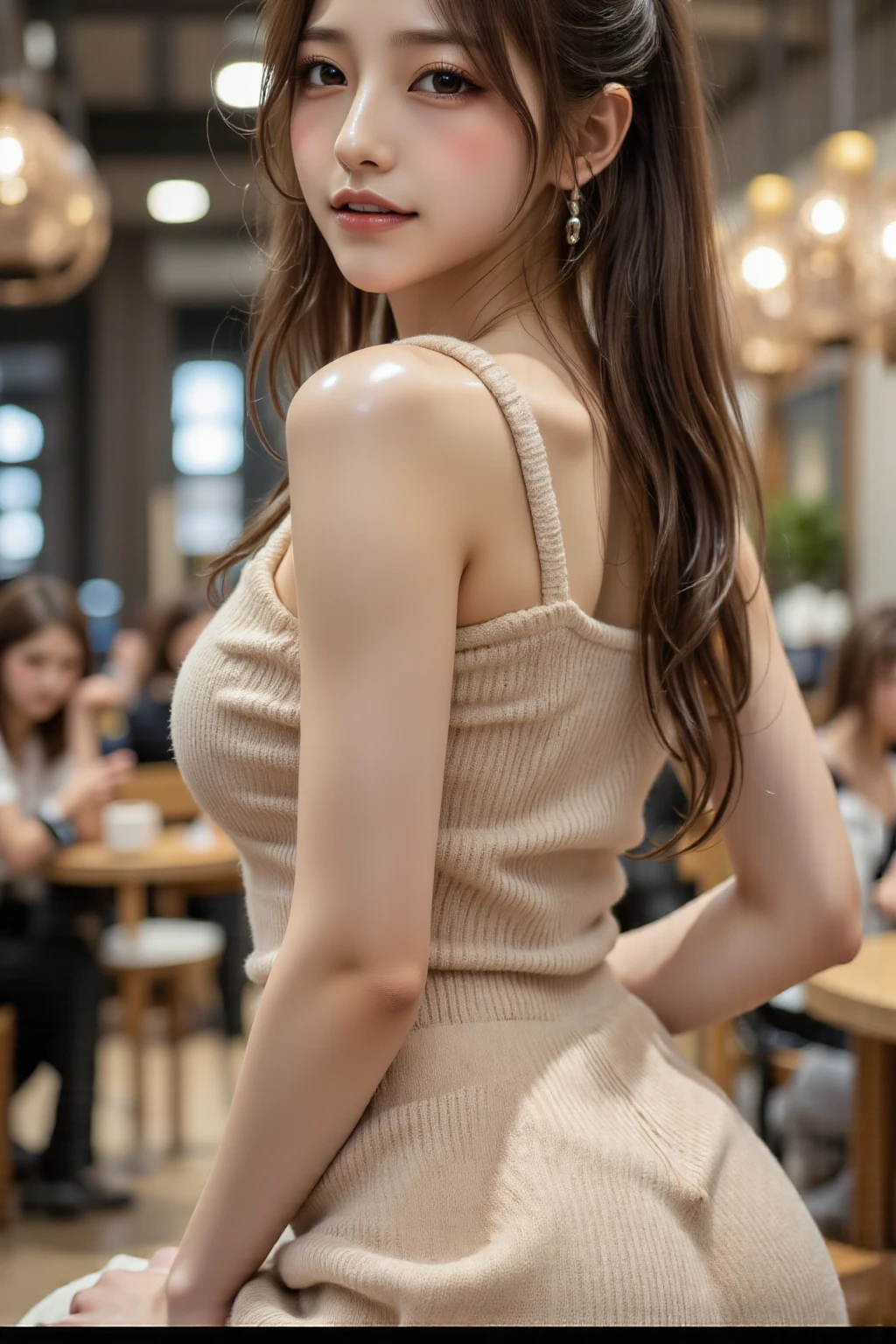 top-quality, masterpiece, 8K picture quality, high-detail, Photonic style, Detailed background, A beautiful woman aged 27 to 40 is wearing a tight-fitting, sleeveless knit dress. She leans against a chair in a stylish cafe, with a shapely bust, a well-defined waist, and beautiful light brown hair. She looks like an integral part of the cafe, captivating everyone around. Please generate a detailed description of this scene.,White panties