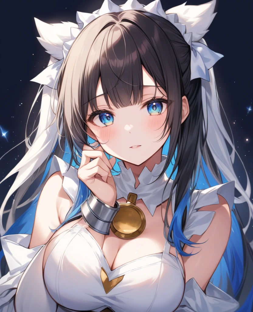 ((Masterpiece, best quality,edgQuality)), embarrassed, blush, sweat, looking at viewer, edgFD, 1girl, ro1,hair bun, brown hair, blue eyes, twintails, sweat, <lora:rosa_(pokemon)_v10:0.6>, a white dress with a veil and a feather, woman wearing edgFD, fantasy_dress, <lora:fantasyDressesEDG:0.7>