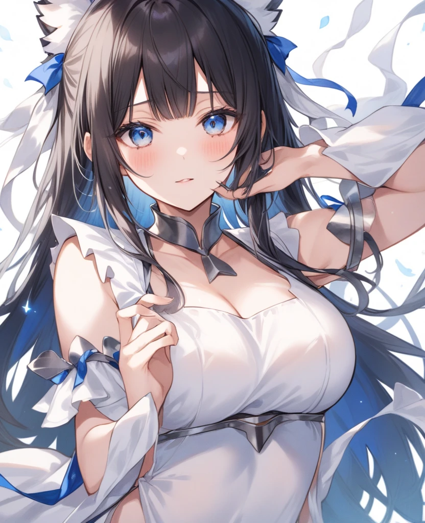 1girl, breasts, hestia_clothes, long hair, solo, blue eyes, cleavage, black hair, large breasts, open mouth, looking at viewer, twintails, bangs, patreon username, cleavage cutout, white background, ahoge, thighs, sleeveless, bare shoulders, blunt bangs, very long hair, simple background, bow, web address, patreon logo, watermark, cowboy shot, faceless,<lora:hestia:1>,