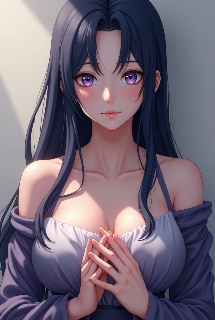 (A superb exquisite Chitanda Eru), (adult face), solo, intricate details, (finely detailed beautiful eyes: 1.2), purple eyes, long black hair, natural straight hair, straight bangs, solo, [Small_breasts: large_breasts: 0.5], normal breasts, extremely delicate, peerless beautiful girl, dreamy quality, exaggerated facial features, solid color, delicate face, bright lips, slender waist, straight curves, soft lights and shadows, super fine, [8K full HD], (masterpiece:1.4), (((silence sign with fingers, sexy smile)))