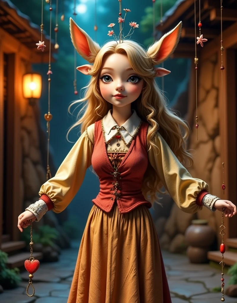satyrcpt, satyr, goat_horns, legfur, animal ears, hooves, solo, 1girl, :d, happy, yellow hair, inverted bob, orange eyes, happy, day, full body, standing, red dress, alps, <lora:satyr_cpt_v01:1>