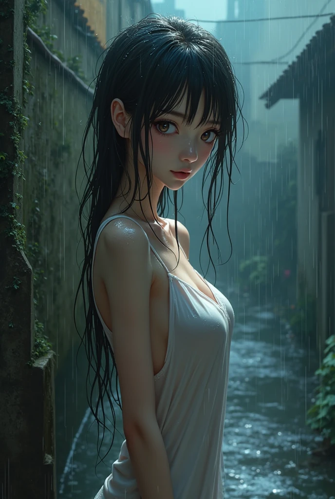 ((best quality, 8ก, Masterpiece:1.3)), Point of interest: 1.2, perfect body beauty: 1.4, bottom: 1.2, ((Layered haircut, chest: 1.2, เน้นchest, Emphasize the breasts, Beautiful breast shape)), (Wet clothes: 1.1) , (rain, road:1.3), Chest island dress: 1.1, Highly detailed facial and skin textures, delicate eyes, Double eyelids, Whiter skin, long hair
