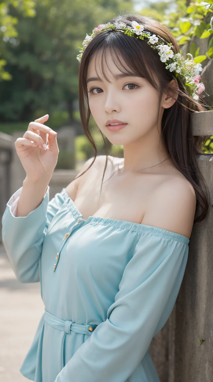 8K,Caucasian girl、Background Blur、super high quality、sunlight、Fair-skinned beautiful girl、、Young Breasts、Small breasts、Fleeting Expression、Clear contours、Adult atmosphere、high resolution skin、Fair and beautiful thighs、Young face、Innocent face、Hair tied up with hair accessories、Well-formed face、、Open your mouth、Wet lips、naked、、Healthy legs、Beautiful toes、美しいnakedの背中、、nude hip,nude legs,nude crotch、Showing off your inner thighs、Sit on a bench with your legs spread apart、Off-the-shoulder short dress