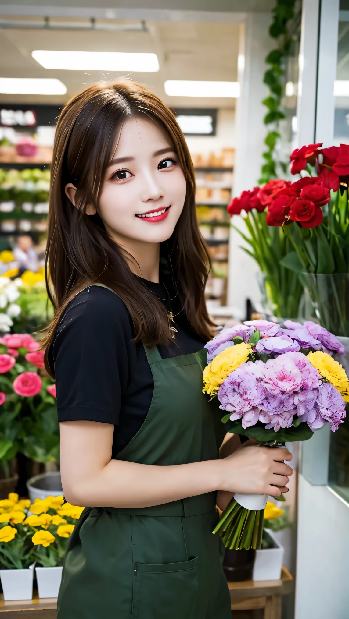 (8K, RAW Photos, Highest quality, masterpiece:1.2), (Professional photography, Full Color, Studio-level color grading), (High-end fashion magazine gravure quality), close, break,18-year-old girl, (Straight hair:1.1), Crying a little, Harajuku Style, Big Natural Color Lip, (Plump body:1.2 (Smooth Skin:1.1 (Huge breasts:1.1 Detailed cloth tear texture, break, (A tight polo shirt that expresses the roundness and softness of the chest area..:1 (Tight skirt 1.1 (Black Apron:1 Break (Beautiful views), ((Behind the flower shop:1)), Are standing, ((Holding a large bouquet:1)), (Part your lips),