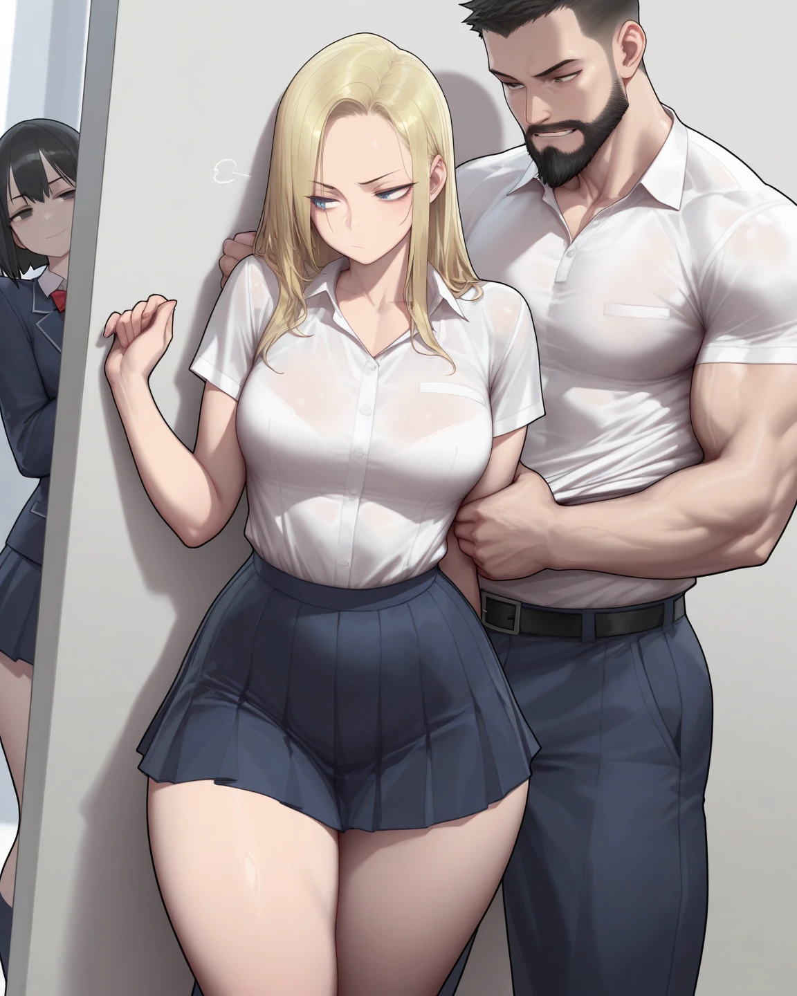 girl with blond hair, Panties visible under skirt at school, blushes, trembling