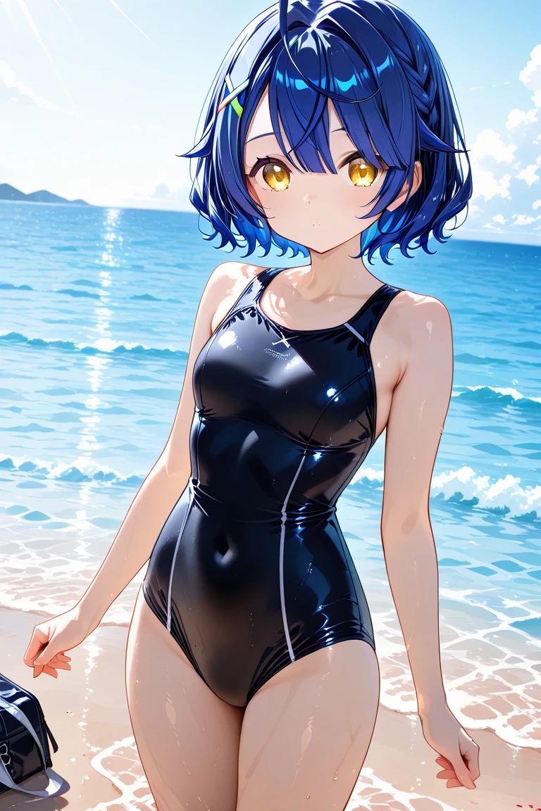 (nsfw,)(yamada ryo,blue hair,Yellow eyes,wavy shortcut hair),((solo girl)),((Perfect body,))((Super beautiful,))((High quality,))((Heavy breathing,sweat, Sweaty and wet all over,)),backlit,shiny glossy,small breast, Looking at Viewer,((Beach side,sexual swimsuit, cowboy shot,)),shyly,nipple,After sunburn,((Turning your back to me, sticking out your butt,))