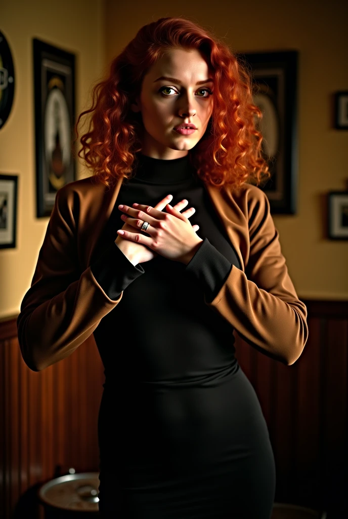 in a heavy metal pub, very sexy, tight miniskirt, very tight clothes, small breasts, redhead, smiles,(art inspired by Bill Sienkiewicz). oil painting) (best quality,4k,8k,highres,masterpiece:1.2),ultra-detailed,(realistic,photorealistic,photo-realistic:1.37),intricate details,vivid colors,sharp focus,professional,Dave McKean artwork, oil touch of surrealism,oil painting style,portrait,woman,beautiful detailed eyes,beautiful detailed lips,dreamlike atmosphere,shadow play,soft lighting,playful pose,minimalist room,dark hues,ethereal background,fantasy elements,texture,layered composition.