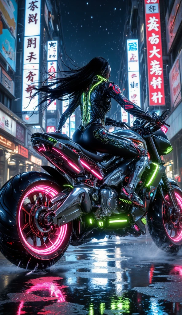 from below, low angle shot, in the heart of the cyberpunk underground streets, a young and sexy cyborg biker, with a braided Moican haircut, long luminescent green and blue hair, white skin, piercings, sexy and tight and ripped style clothes cyberpunk, green, blue, red and purple. neon lights and very dark shadows. at night, graffitied streets. She has cybernetic tattoos all over her body, sensual pose on her motorcycle, cyberpunk motorcycle. A cyberpunk 2077 style atmosphere is created, energy and neon lights, green, blue, red and purple. Good quality cybernetic eyes, face with cybernetic details, ultra detailed. masterpiece, 4k, ray tracing, full body, close-up, low angle shot, intricate details, hyperrealistic.