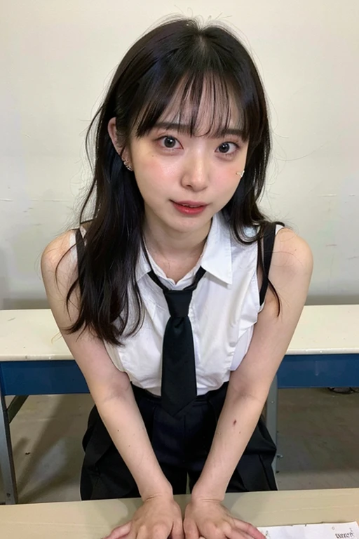 ((highest quality, masterpiece :1.3)), Photorealistic、Ultra-high resolution、Natural skin texture、Hyperrealism、Photograph from the knee up、15 year old Japanese beautiful girl、Twin tail hair、well-shaped breasts、Tight white collared shirt and tie、mini skirt、A patient expression、My eyes are watering