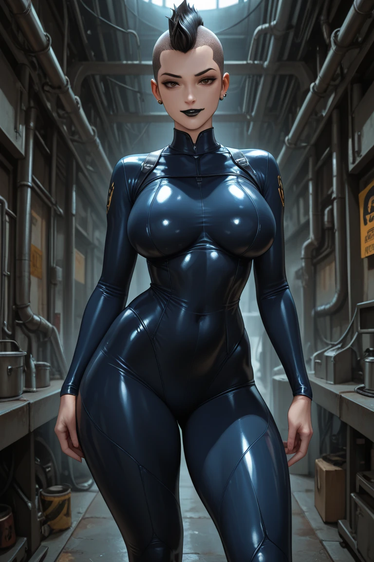 Generate a realistic illustration of a mature Madeline Fenton (Danny Phantom), ((blue bodysuit)), black gloves, (Aletta ocean face), blunt bobcut, de terno preto, straight hair, (dark brown hair), ((black torso)), (slendered abs), black gun holster, (blue breasts), blue outfit in anime format with a serious style, shiny skin, perfect skin, detailed face, defined cheekbones, puffy lips, ((over the elbow gloves)), blue legs, blue arms, ((black over the knee boots)), gothic make up, masterpiece, dark lighting, black background, puffy lips,slendered abs, beautiful face,