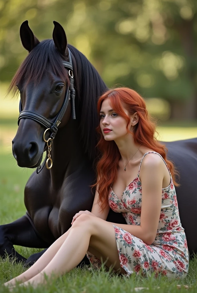A very beautiful girl with red curly hair rides on a black horse
