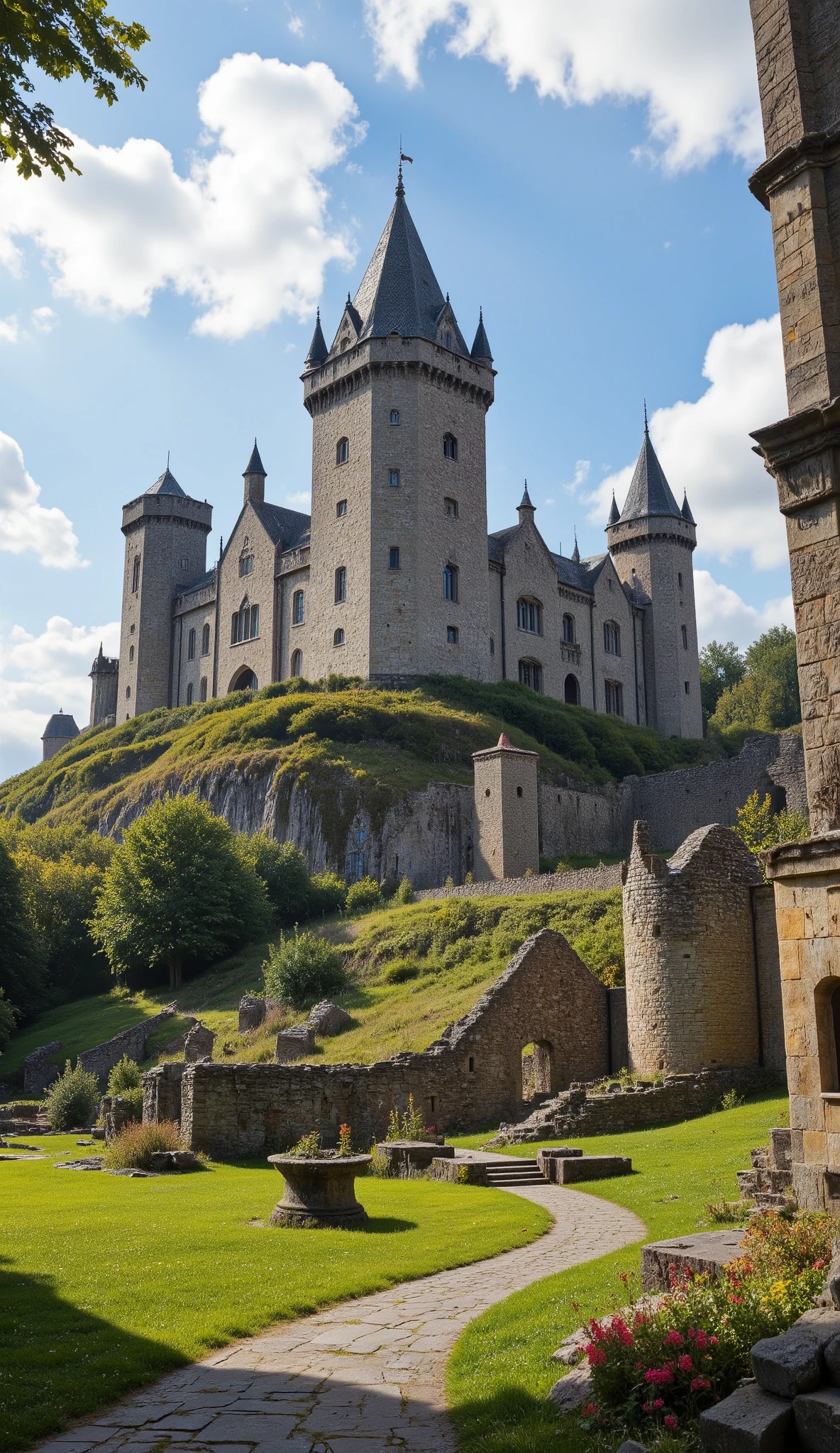 in high-definition images、The colourful King Arthur's Camelot Castle、is majestic and has enough castle ruins to make you feel awe、Castle that rises slightly above the hill。