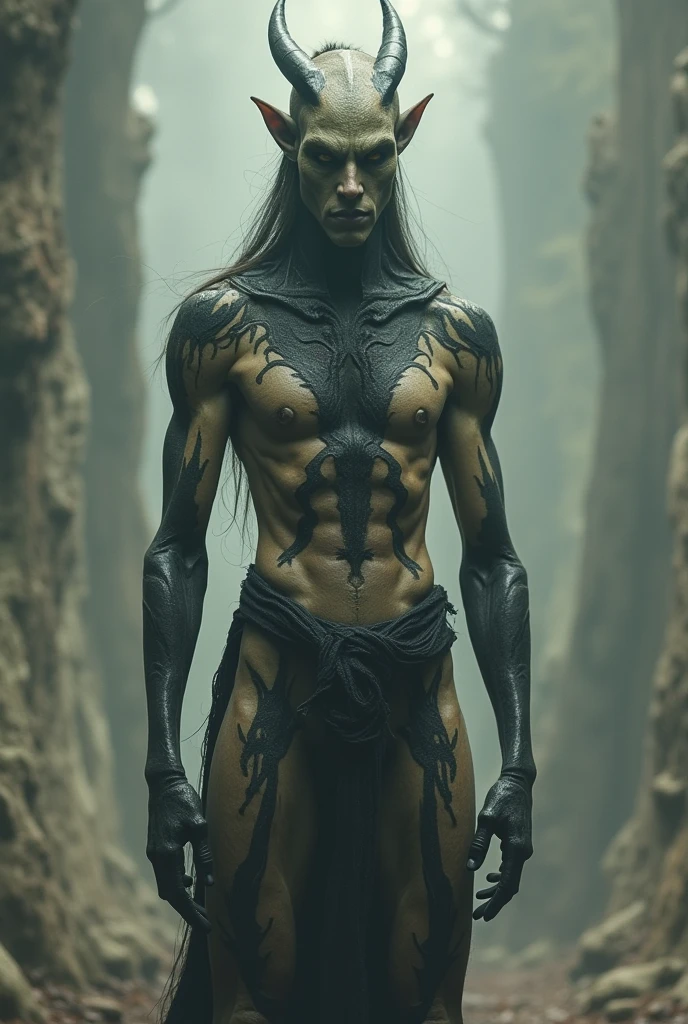 A tall young warrior man alien character,
with skin completely black as night,  and elf ears with long straight black hair, wearing an all-black, body-hugging military jumpsuit 